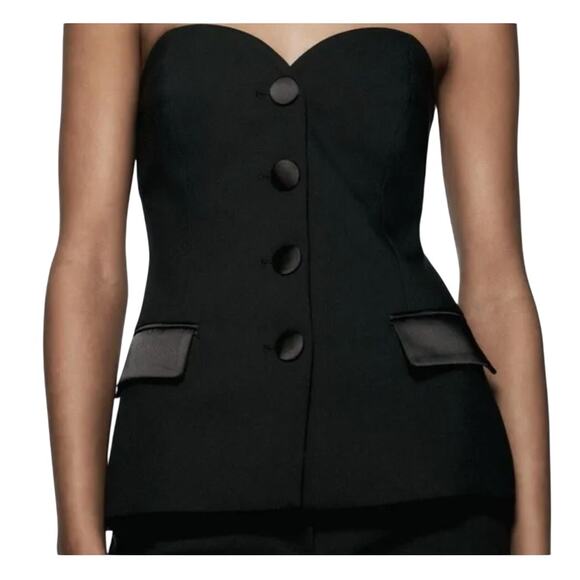 Zara XL Strapless Black Tuxedo Bustier Top Satin Button Pocket Detail Cocktail - Picture 1 of 10